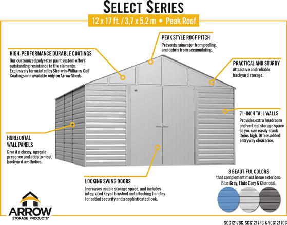 Arrow 12x17 Select Steel Shed SCG1217 Features & Benefits