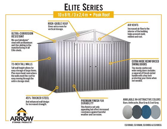 Arrow 10x8 Elite Galvanize Steel Storage Shed - Blue Gray