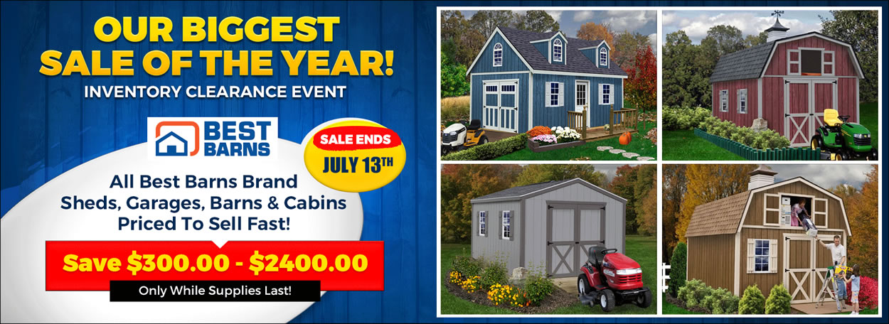Best Barns Wood Sheds & Garages July 4th Sale - Sale Ends July 13th - Free Nationwide Shipping