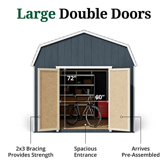 The Value Gambrel Barn features double doors for convenient entry and easy access to your storage items