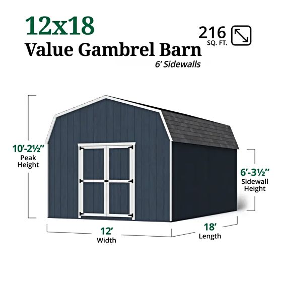 Little Cottage Co. 12x18 Value Gambrel Barn w/ 6' Sidewall Measurements