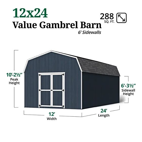 Little Cottage Co. 12x24 Value Gambrel Barn w/ 6' Sidewall Measurements