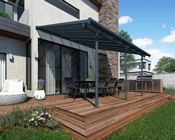 Made of high impact, shatter-resistant and virtually unbreakable Polycarbonate roof panels and rust resistant, powder coated frame that is made of heavy duty aluminum and laser cut galvanized steel connectors, this patio cover protects your Patio and entrance from inclement weather!