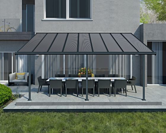 Made of high impact, shatter-resistant and virtually unbreakable Polycarbonate roof panels and rust resistant, powder coated frame that is made of heavy duty aluminum and laser cut galvanized steel connectors, this patio cover protects your Patio and entrance from inclement weather!