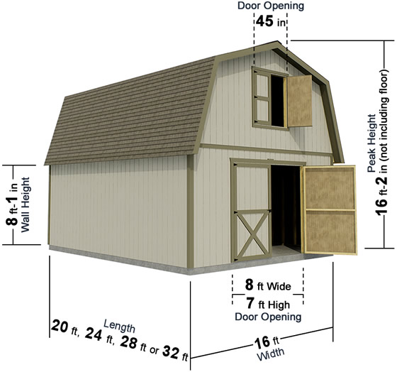 Roanoke 16x28 Wood Barn Kit Measurements Diagram